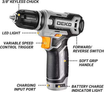DEKO 12V Cordless Power Drill Set